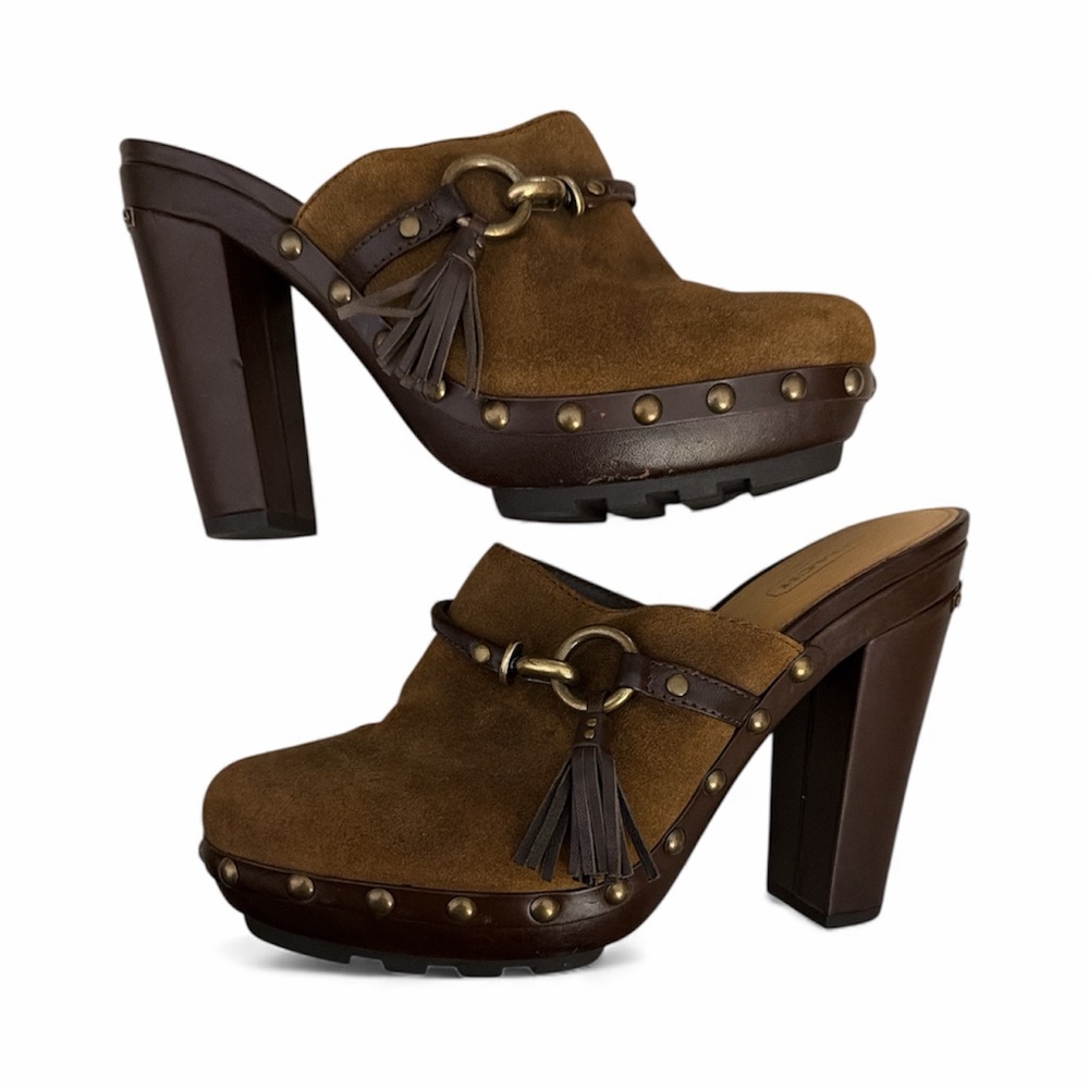 Coach Rana Mules Heels Brown Leather Suede Tassel Design Block Heel Size 9